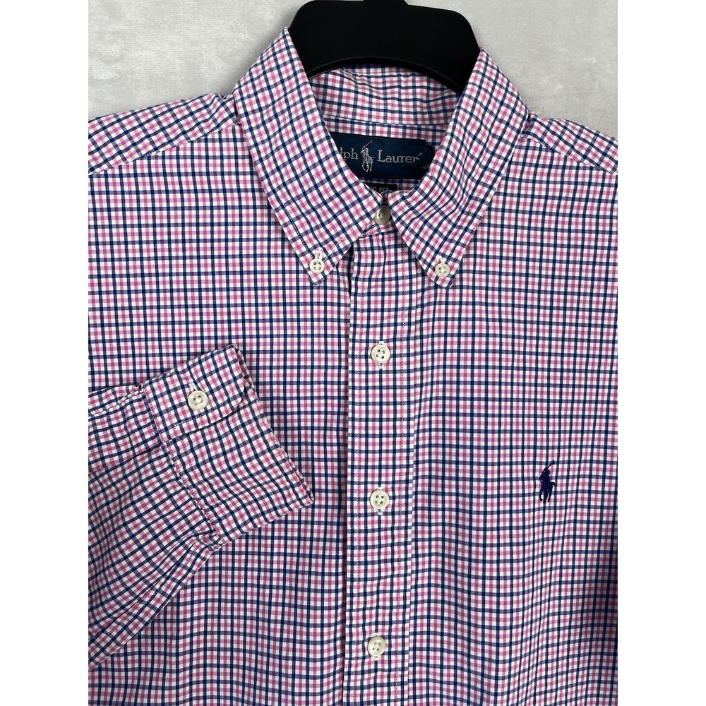 POLO RALPH LAUREN Shirt Men Large Pink Check Classic Fit Gingham Cotton Preppy